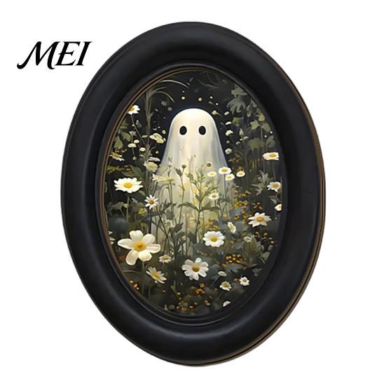 Easy Install Adhesive Wall Sign Halloween Gothic Oval Wooden Hanging Plaque, Vintage Framed Black Cat Little Party Background Ghost Sign, Waterproof