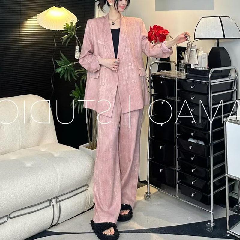 2706 Podzimní Lněný Oblek pro Ženy Plus Size - Dvoudílný Set s Kalhotami se Širokými Nohavicemi, Korejský Profesionální Dojížděcí Styl