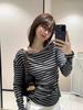 Vintage striped one-word neck long-sleeved t-shirt for women's autumn and winter niche slanted shoulder slim-fitting sexy off-the-shoulder bottom top