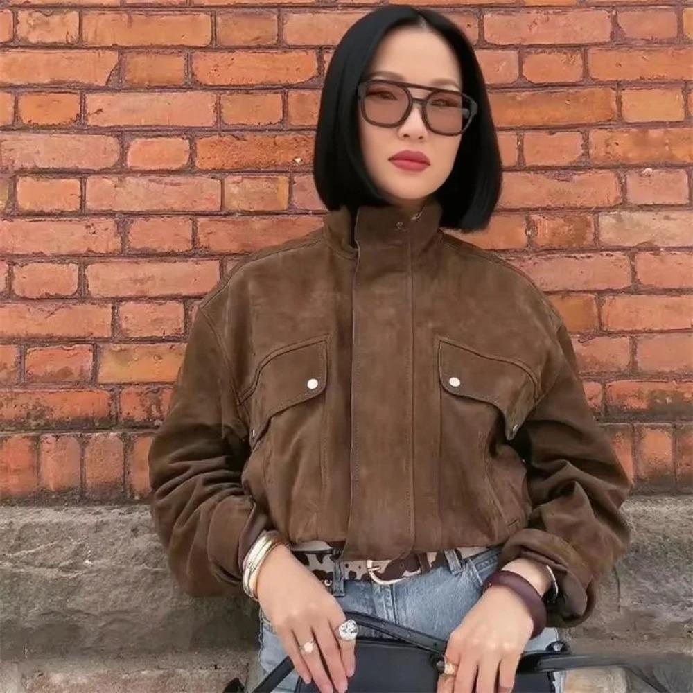 Women's Belt Short Suede Jackets Loose Lapel Long Sleeve Zipper Coats Spring Lady Vintage Female Outwear Street