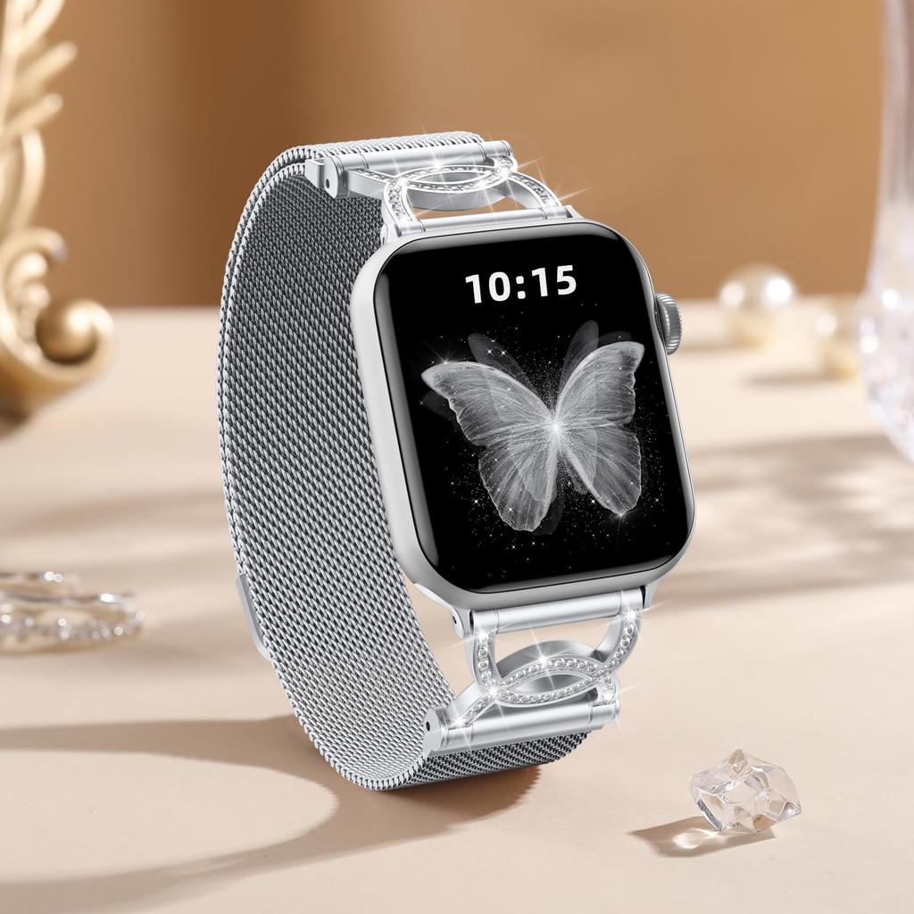Watch Band For Apple Watch Series 10 Ultra 9 8 7 SE 6 5 4 3 2 1 46mm 49mm 45mm 44mm 42mm DC-Shape Rhinestones Magnetic Stainless Steel Strap