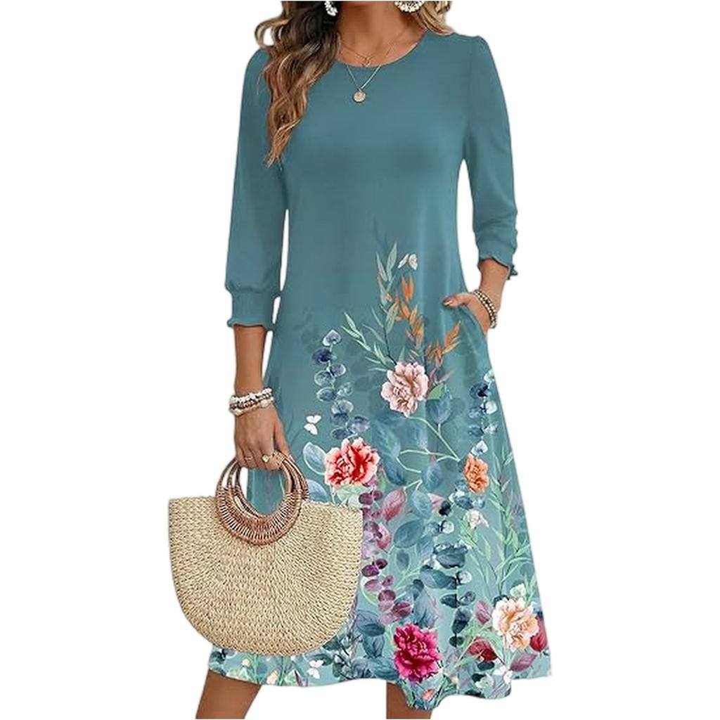 Women's Fashion Pocket Half Sleeve Floral Mid,length Casual Dress