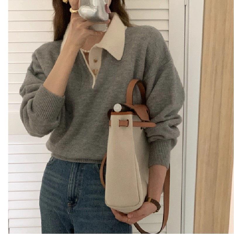 Korean Style Casual Slimming Long Sleeve Color Block Polo Collar Knit Sweater for Women
