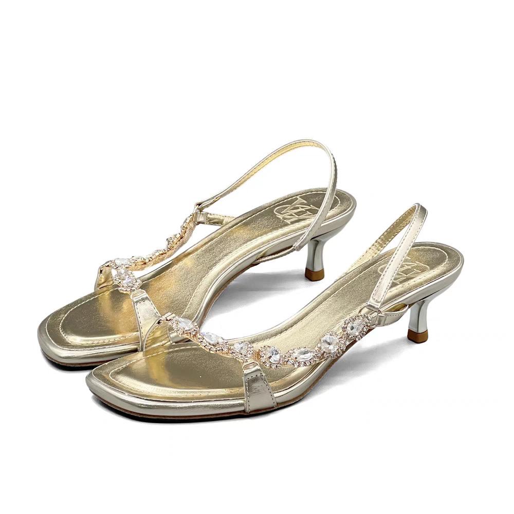 2025 Summer New Chain Square Head Rhinestone High-heeled Sandals Female French Beautiful Fairy Temperament Stiletto High Heels