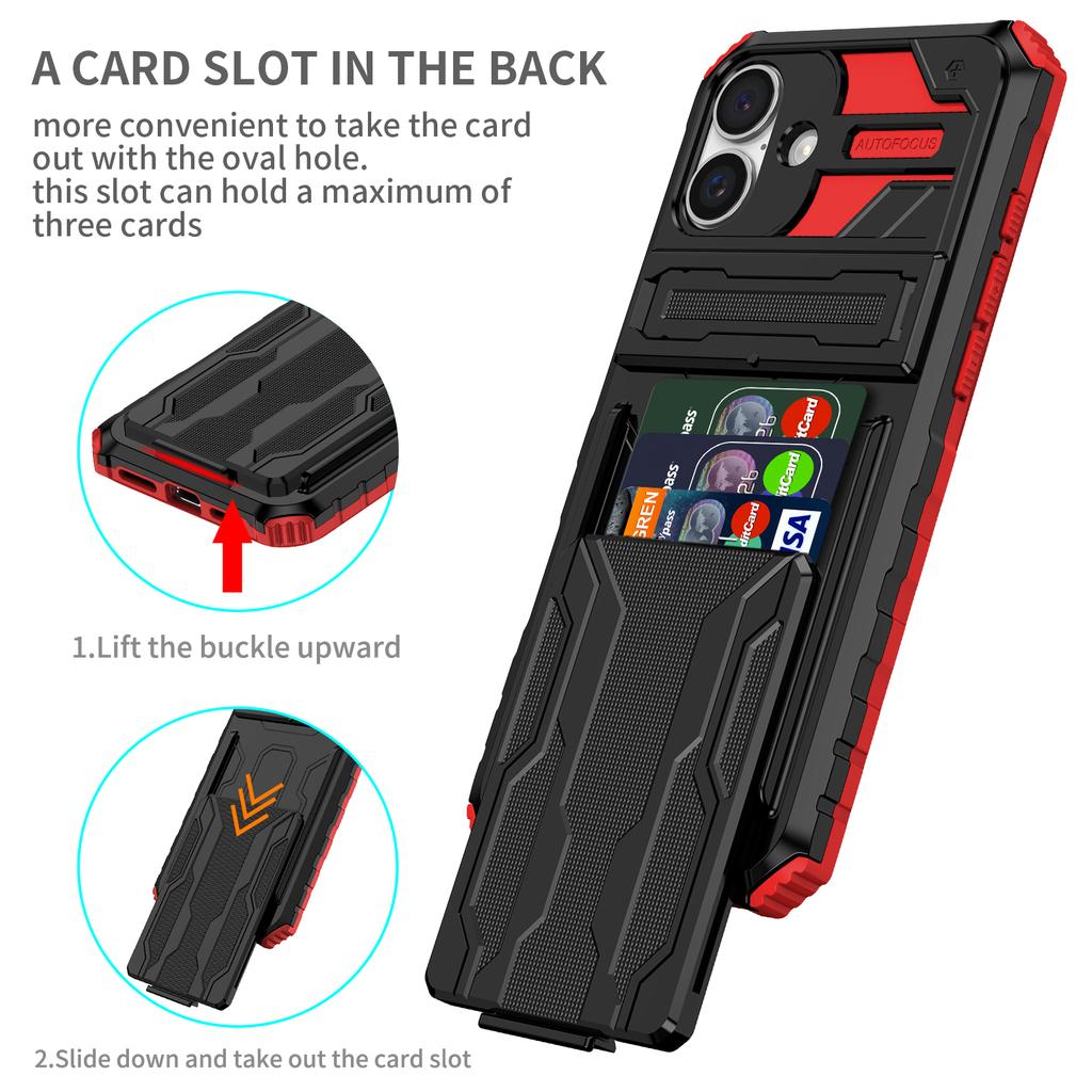 For iPhone 16 Case with Card Holder PC + TPU Phone Back Cover Kickstand
