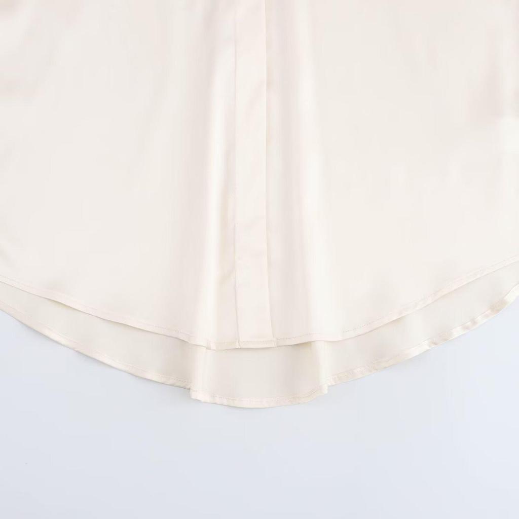 Women's Spring 2025 Silk Satin Long-Sleeve Shirt with Turn-Down Collar