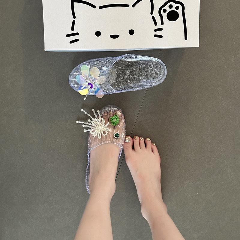 Fashion Versatile Sweet Baotou Slippers Women's 2025 Summer New Versatile Flat-bottomed Slippers Cute Pearl Bow