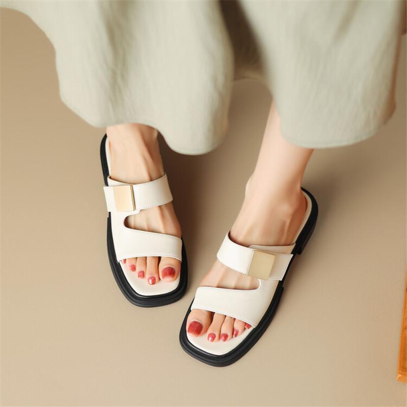 Fashion New Split Leather Summer Slippers Women 2024 Square Toe Chunky Heel Sandals Open Toe Shoes for Women Handmade Slippers Women