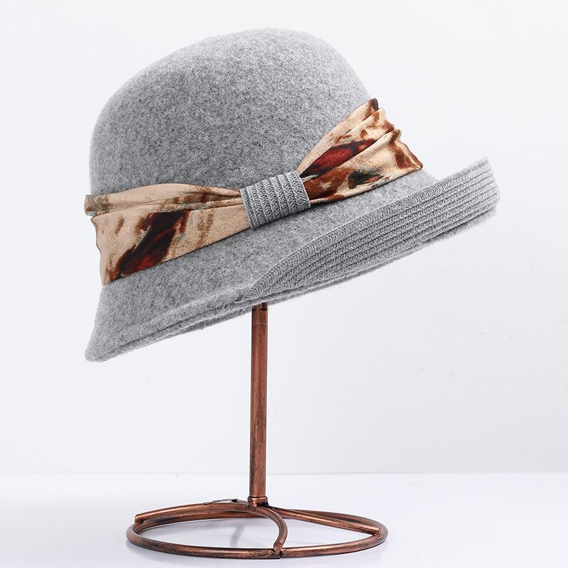 Wool hat women's autumn and winter versatile basin hat Australian wool retro elegant top hat rolled brim bucket hat
