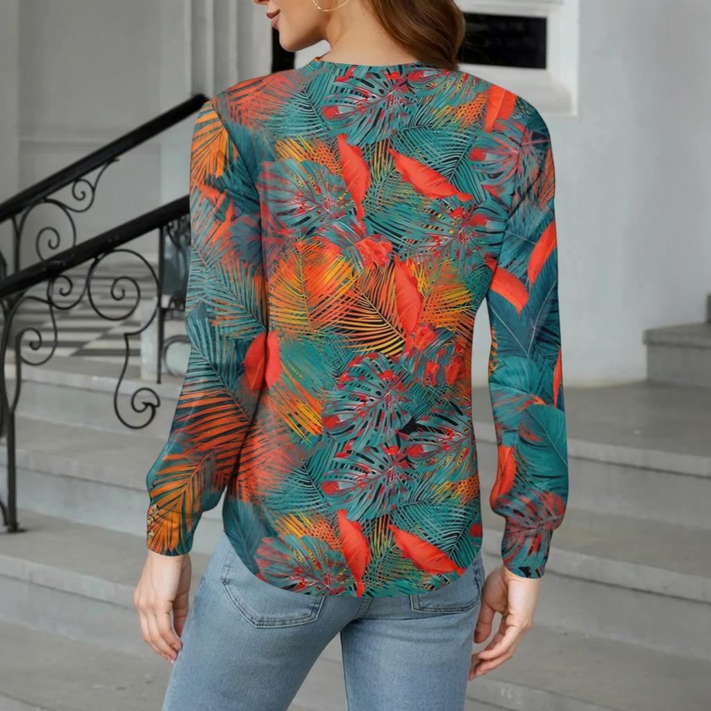 Damenoberteile Langarmmanschetten Button-Up-Hemd V-Ausschnitt Lässiges Lockeres T-Shirt Blumenoberteile