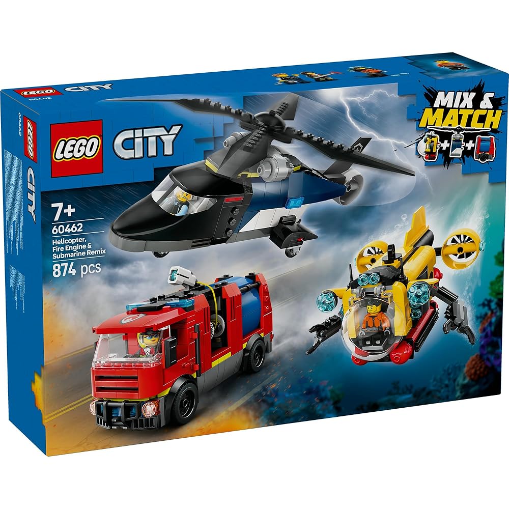 LEGO City Helicopter Fire Truck Submarine Combo Toy Set for Kids Ages 7-9 Building Blocks