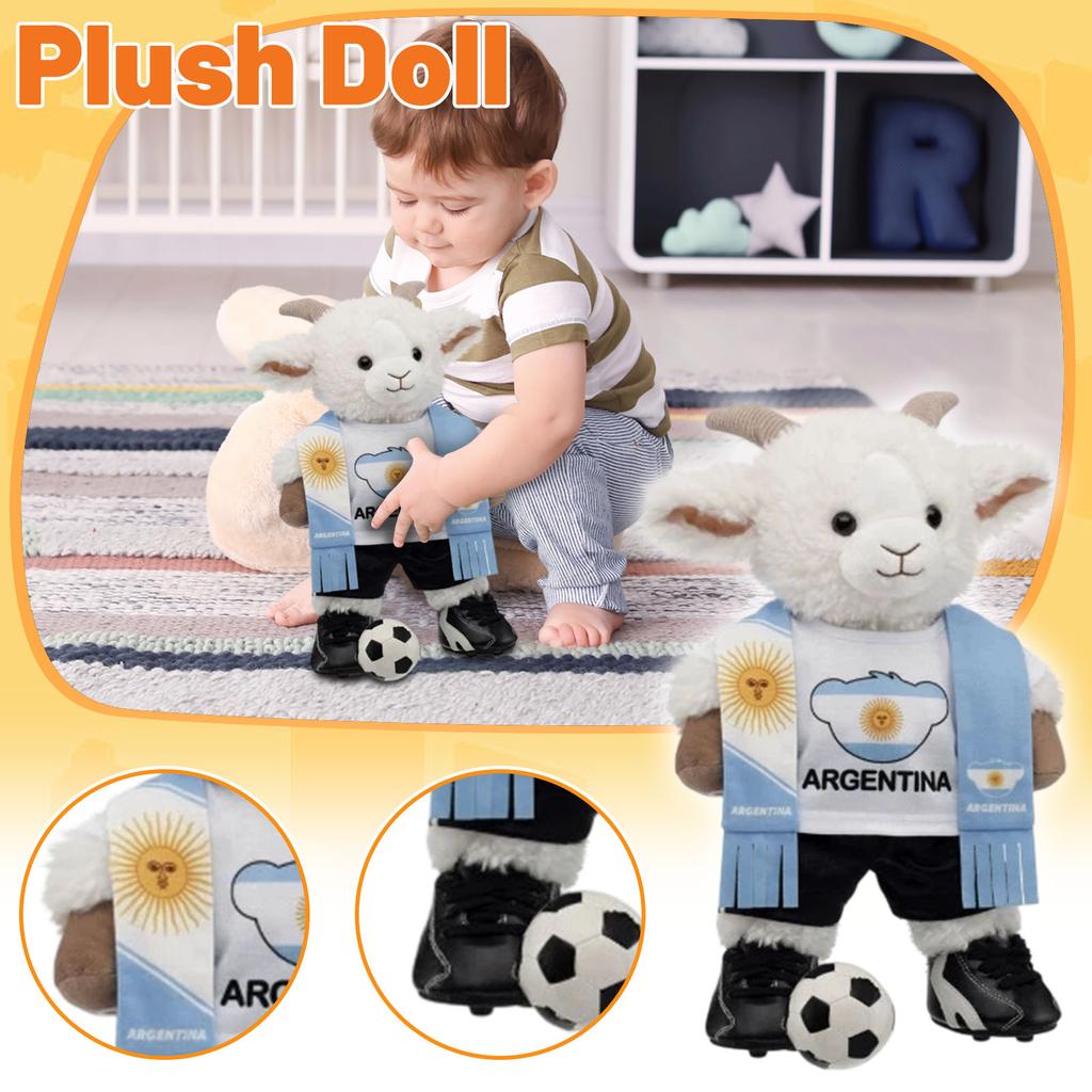 Plush Football Doll Argentina Soccer Theme Stuffed Toy Figure Soft Goat Mascot with Scarf and Ball for Home Decoration Gift