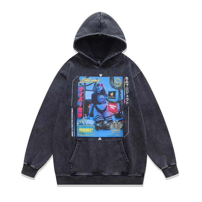 Autumn And Winter 430G Heavy Cotton Hooded Sweater American High Street Retro Skull Print Fried Color Hoodie Men
