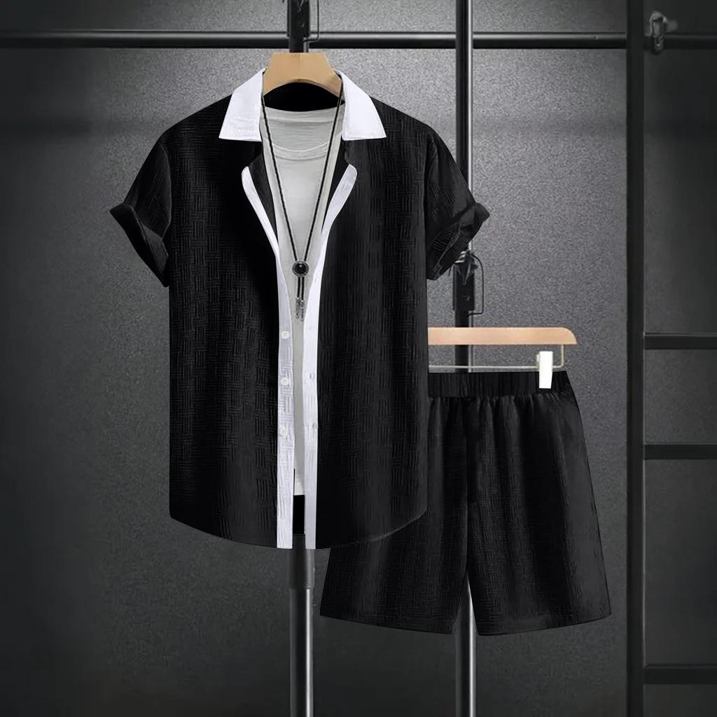 Men's Color Blocked Shirt Casual Short Sleeved Shorts Beach Set