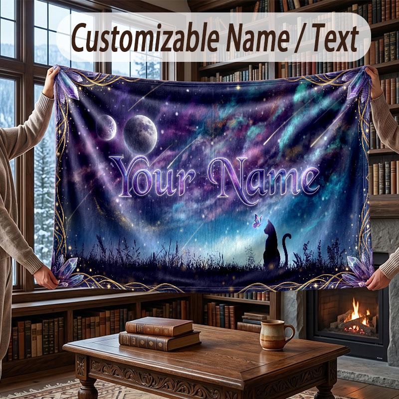 Cat Theme Throw Blanket Custom Name Text Personalized Blanket Soft Cozy Blanket for Home Sofa Bed