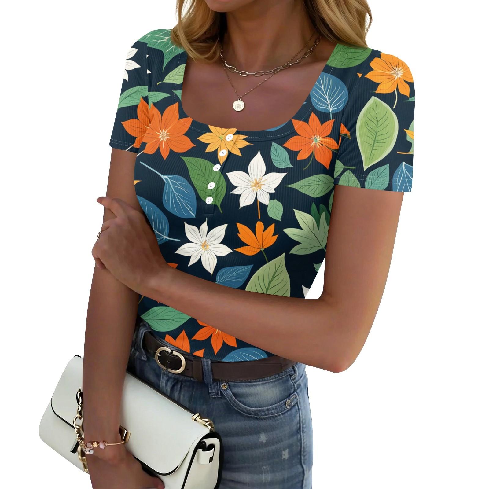 

Women s Summer Fashion Tops Short Sleeve Square Neck Button Fashion Casual Floral Ribbed Knit Shirt L