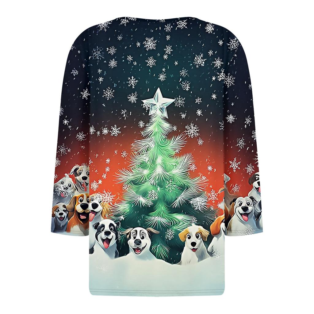 Women's T Shirt Tee Christmas Printed Button 3/4 Sleeve Tunic Daily Weekend Fashion Basic V- Neck Regular Top