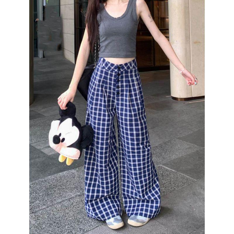 Blue Retro Gingham Early Autumn High Waist Loose Casual Pants