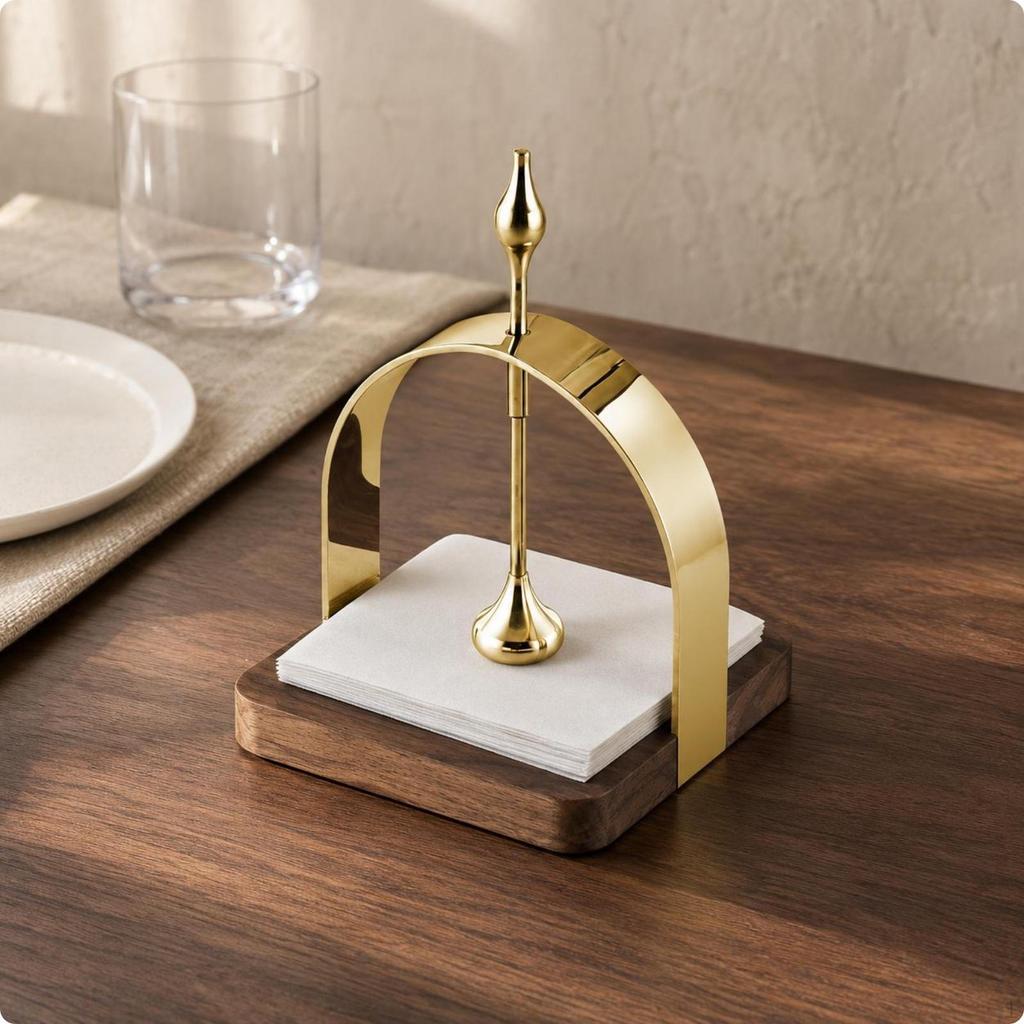 Tabletop Tissue Rack Walnut Wood Stainless Steel Napkin Holder Polished Metal Silver