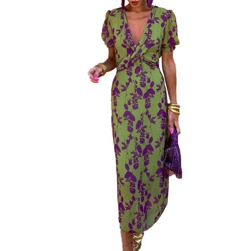 Spot summer European and American women's clothing fashion contrasting color printed long dress elegant slim V-neck short sleeves, even