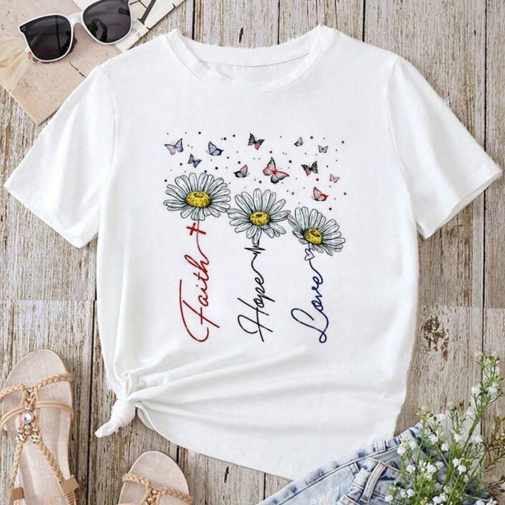 Fjäril Solros Stil Trend Damkläder Mode Grafisk T-shirt Sommar Casual Kortärmad Kvinnlig Basic T-shirts Toppar