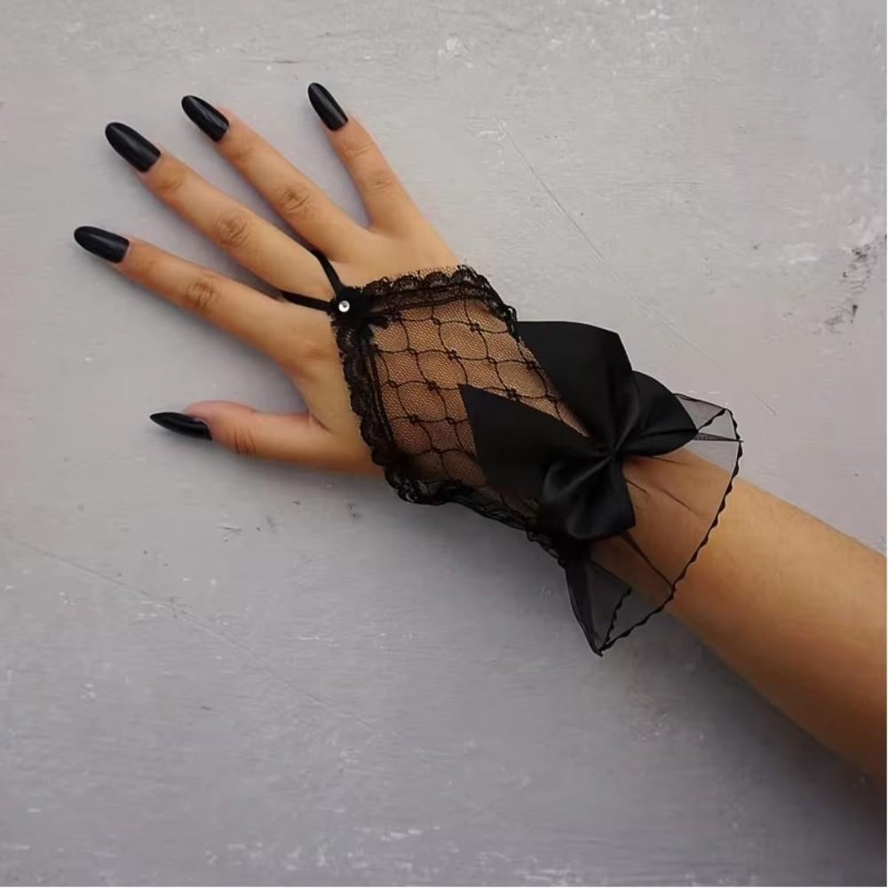 1 Pair Mesh Hollow Mesh Hand Sleeves with Handmade Ribbon Bow Bride Sheer Gloves  Bridal Wear