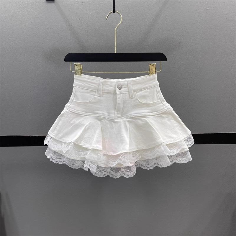 

White Lace Cake Skirt Denim Skirt Female Summer High Waist Hottie Short Skirt Tutu Skirt S