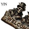 Rustic Skull Wall Decor Halloween Wooden Welcome Hanging Sign, Vintage Farmhouse Door Hanger with Skeleton Pumpkin Country Style Holiday Ornament