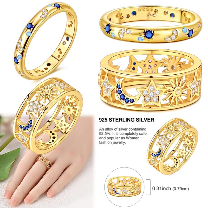 925 Sterling Silver Rings Gold Color Sun Moon Stars Sparking Wedding Ring Certified Women Engagement Jewelry Anniversary Gifts
