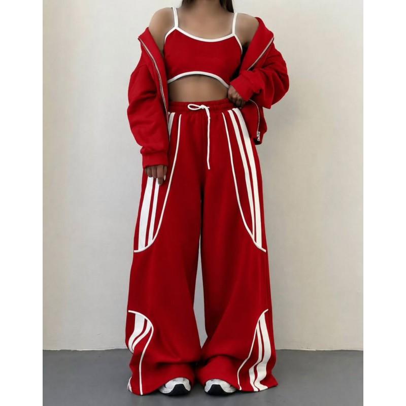 Womens Streetwear Hooded Two-Piece Set With Stripe Panel Detail Long Sleeve Open-Front Top Drawstring Pants