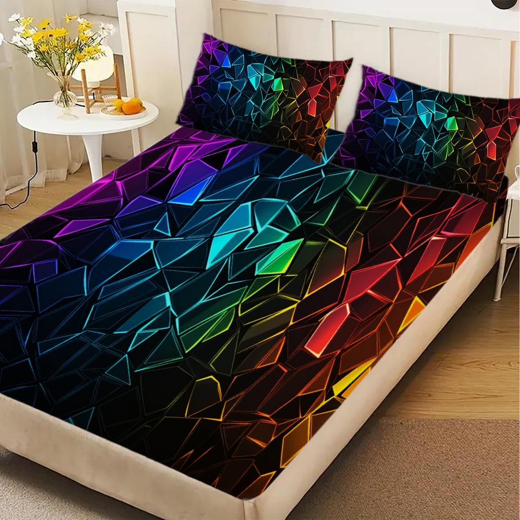 3pcs Geometric Crystal Flat Sheet 3D Printed Rainbow Pattern Fitted Shee Sets With Pillowcases No Filling Cool Visual For Teen