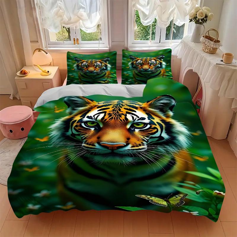 3Pcs Tiger Print Printed Bedding Set, Breathable And Soft, Machine Washable, Christmas Gift, Suitable for Bedroom Decoration, 15143