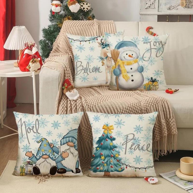 Christmas Pillowcase 20in X 20in 4-piece Set Family Farmhouse Decoration (Tree Snowman Dwarf Deer) Blue