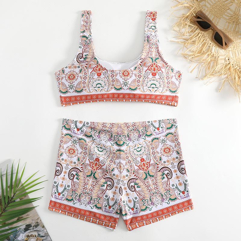 Bikini Ethnic Style Print 2-piece Swimsuit Women Sexy High Waist Tankini U-neck Beachwear Bathing Suit Summer New