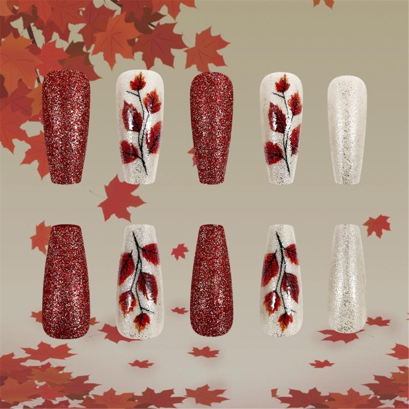 Thanksgiving Maple Leaf Press On Nail False Nail Full Coverage 24pcs Stick On Nail for Fall Fashion Acrylic Nail Set