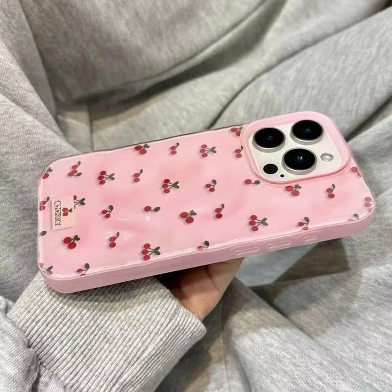 Schattige Kersen Vouwen Textuur Telefoonhoesje Voor iPhone 16 15 12 11 Pro Max 13 14 Pro Plus Schokbestendig Antislip Zachte Cover Shell Fundas