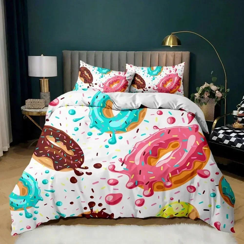 Top Doughnut Duvet Cover Colorful Tie Dye Qulit Cover Boy Gift Girly Cute Sweet Multicolor Dessert Food Polyester Bedding Set