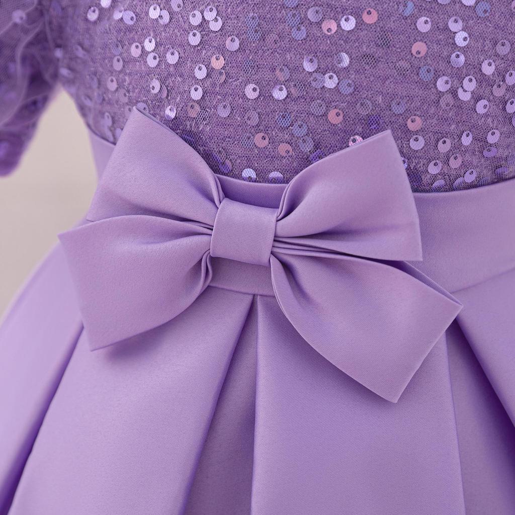 New European & American 1-Year-Old Girls' Bow Princess Dress with Puff Sleeves & Sequined Skirt