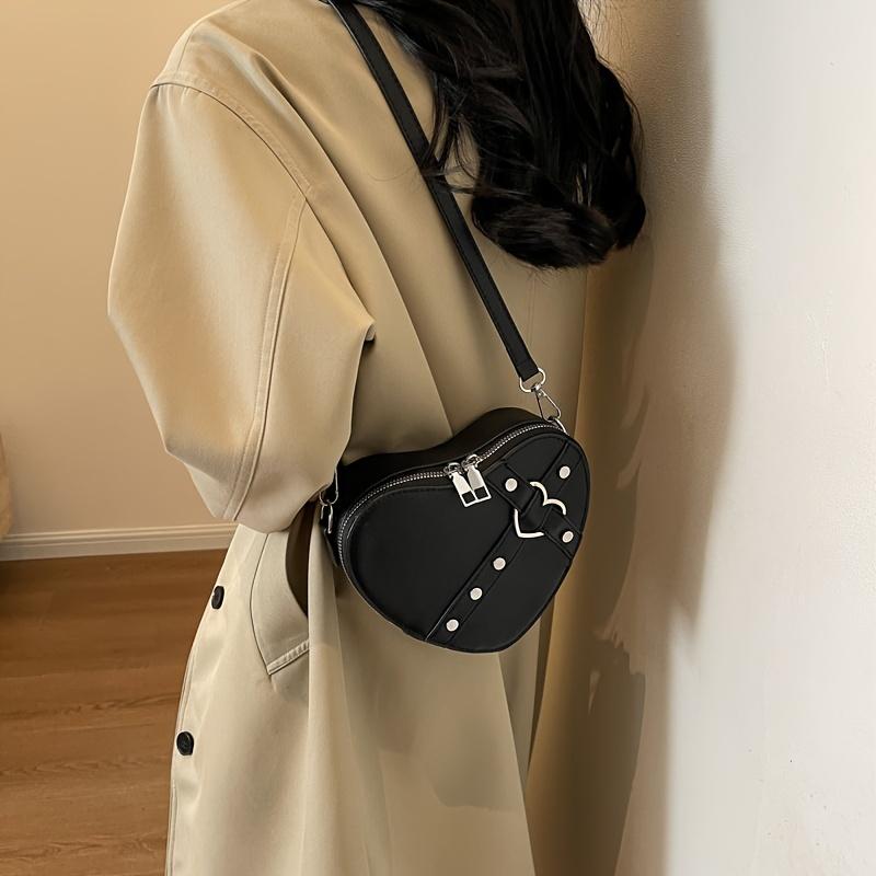 Borsa a Spalla Forma di Cuore Stile Y2K di Nicchia, Borsa a Tracolla con Zip e Decorazioni di Borchie Monocolore per Donna