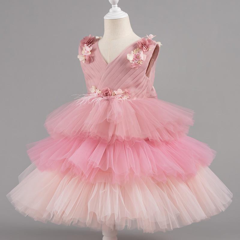 Children's Floral Princess Birthday Dress - Puffy Skirt Cake Dress for Baby Girls