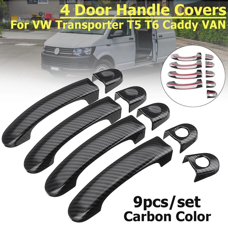 9Pcs Set ABS Chrome Door Handle Covers Trim for TRANSPORTER T5 T6 CADDY VAN 2003-2015 Carbon Fiber Style