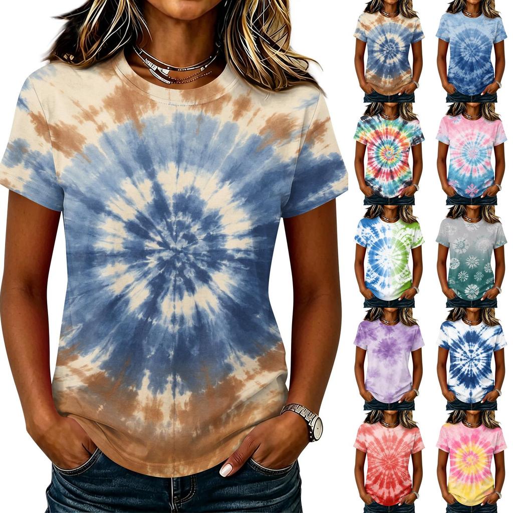 Women's Casual Pullover T Shirt Short Sleeve Round Neck Tie Dye Print Top Lightweight Comfortable Fit