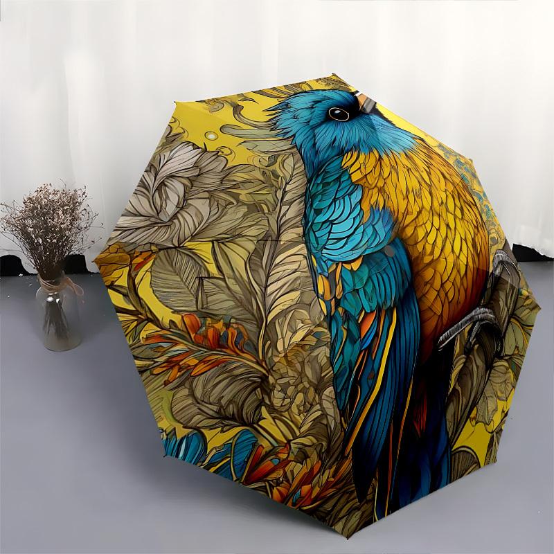 1pc Elegant Blue Bird Floral Print Automatic Folding Umbrella, Portable 3-Fold Design with Iron Frame, Perfect for Outdoor Use, Festive Gifts, Travel,