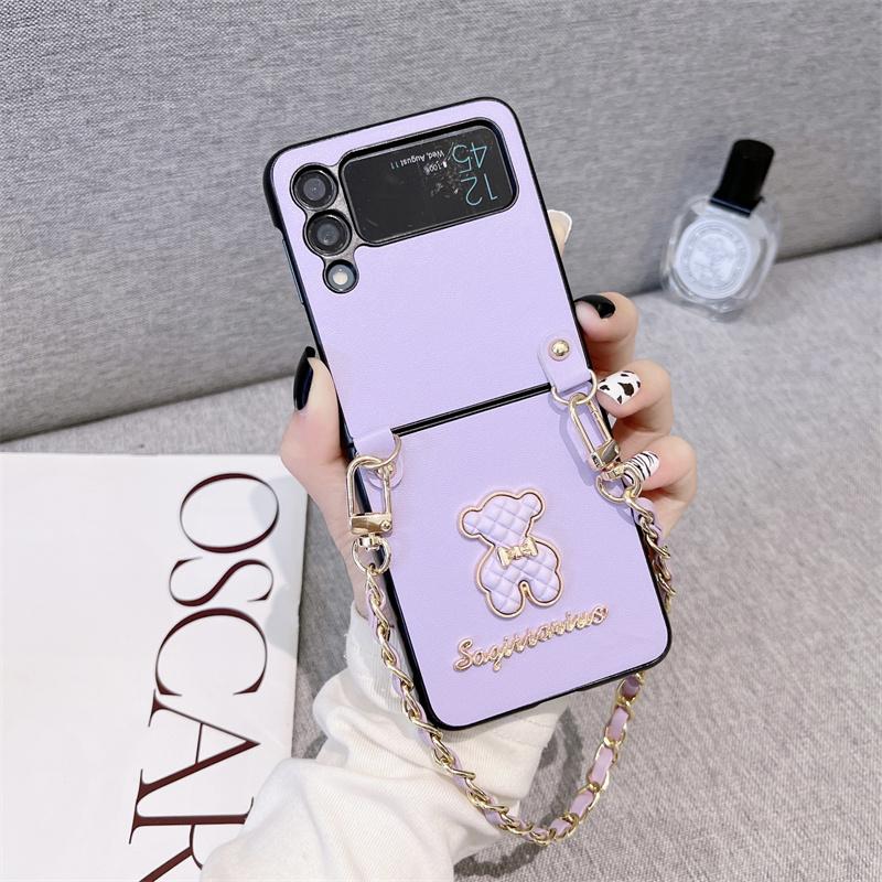 

Милый кожаный чехол с цепочкой для телефона с 3D медведем для Samsung Galaxy Z Flip 4 3 Z Flip 5 5G, сплошной цвет, защитные чехлы для Samsung Zfold 4 3 5 SAmsung Z Fold 5 фиолетовый