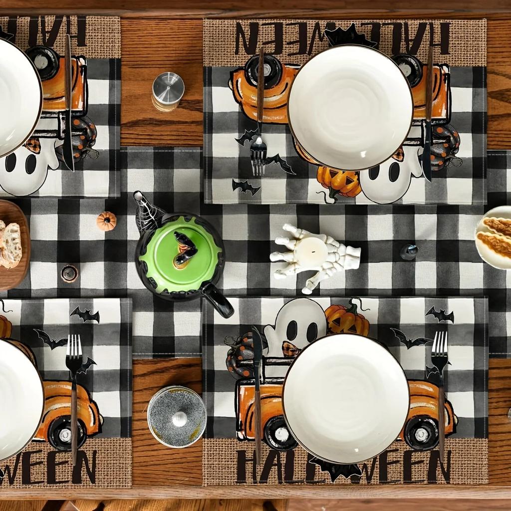 1PC Halloween Linen Meal Mat with Grid Pattern Featuring Bats and Ghost Trucks Perfect for Kitchen Table Decoration