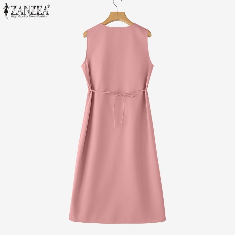 ZANZEA Women Summer Casual Round Neck Sleeveless Plain Dress