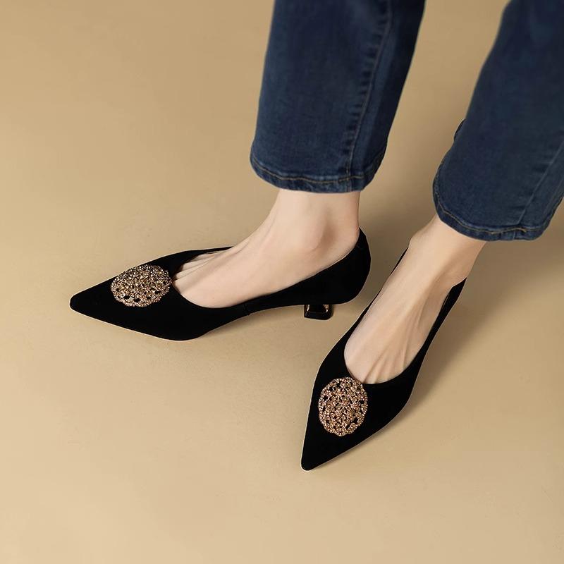 Special Heel Slip Single Shoes Autumn New Pointed Toe Suede Rhinestone Round Buckle Slip-on Slip-off Kitten Heels
