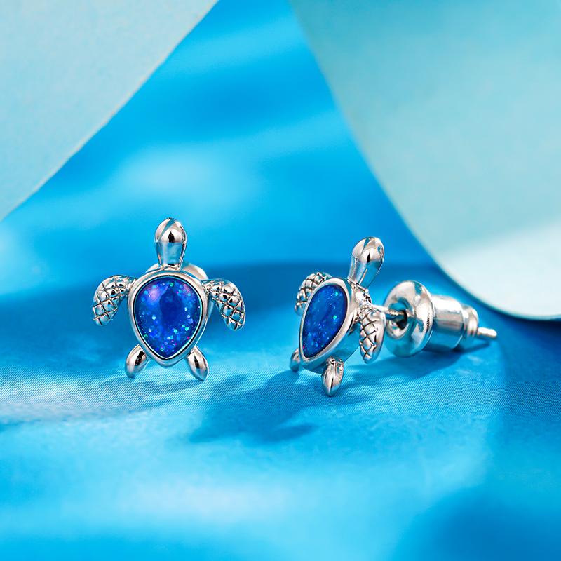 Blue Little Turtle Stud Earrings for Women Chic Animal Accessories for Daily Life Dainty Silver Color Jewelry for Female