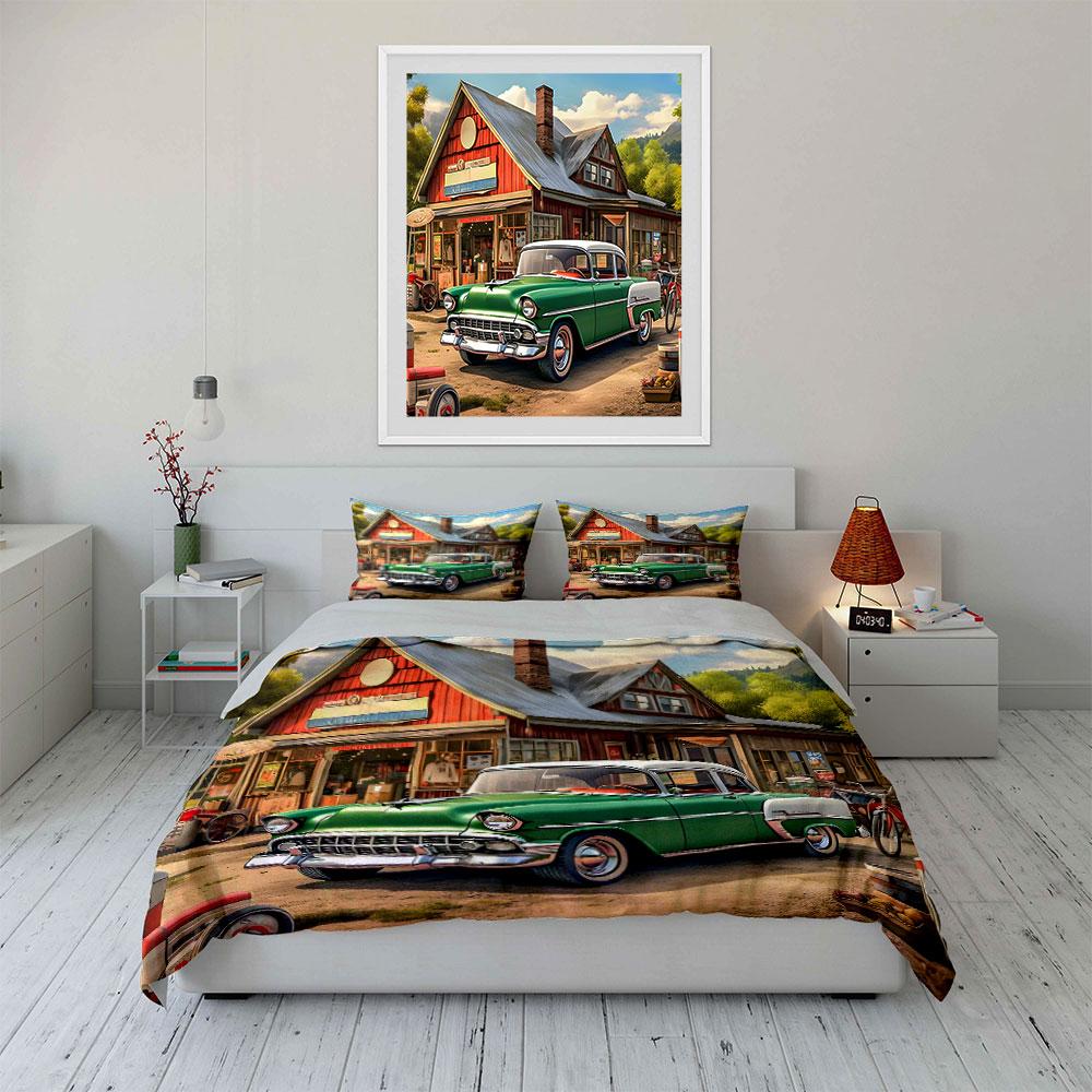 Klassisches Oldtimer-Auto vor Landgeschäft Bettwäsche-Set 1 Bettbezug 2 Kissenbezüge für Erwachsene und Kinder Luxusgeschenk