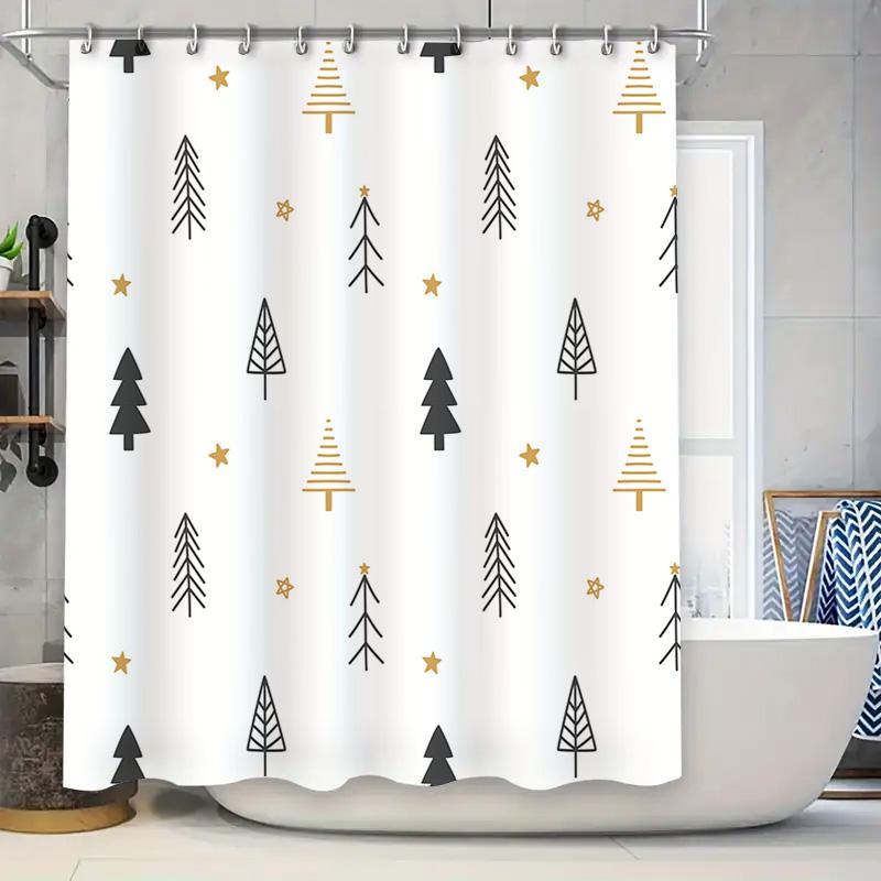 Gold Star Pine Tree Shower Curtain Christmas Bathroom Decor for Home Decoration Waterproof 180 x 240cm White
